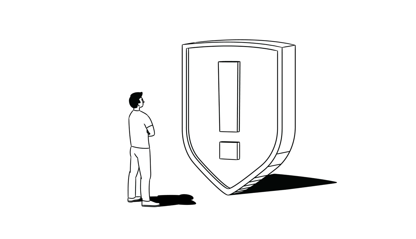 Illustration of a man looking at a giant shield with an exclamation mark on it